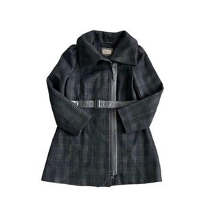 Mackage Aura Plaid Checkered Gray Wool &‎ Leather Belted Coat Jacket Large